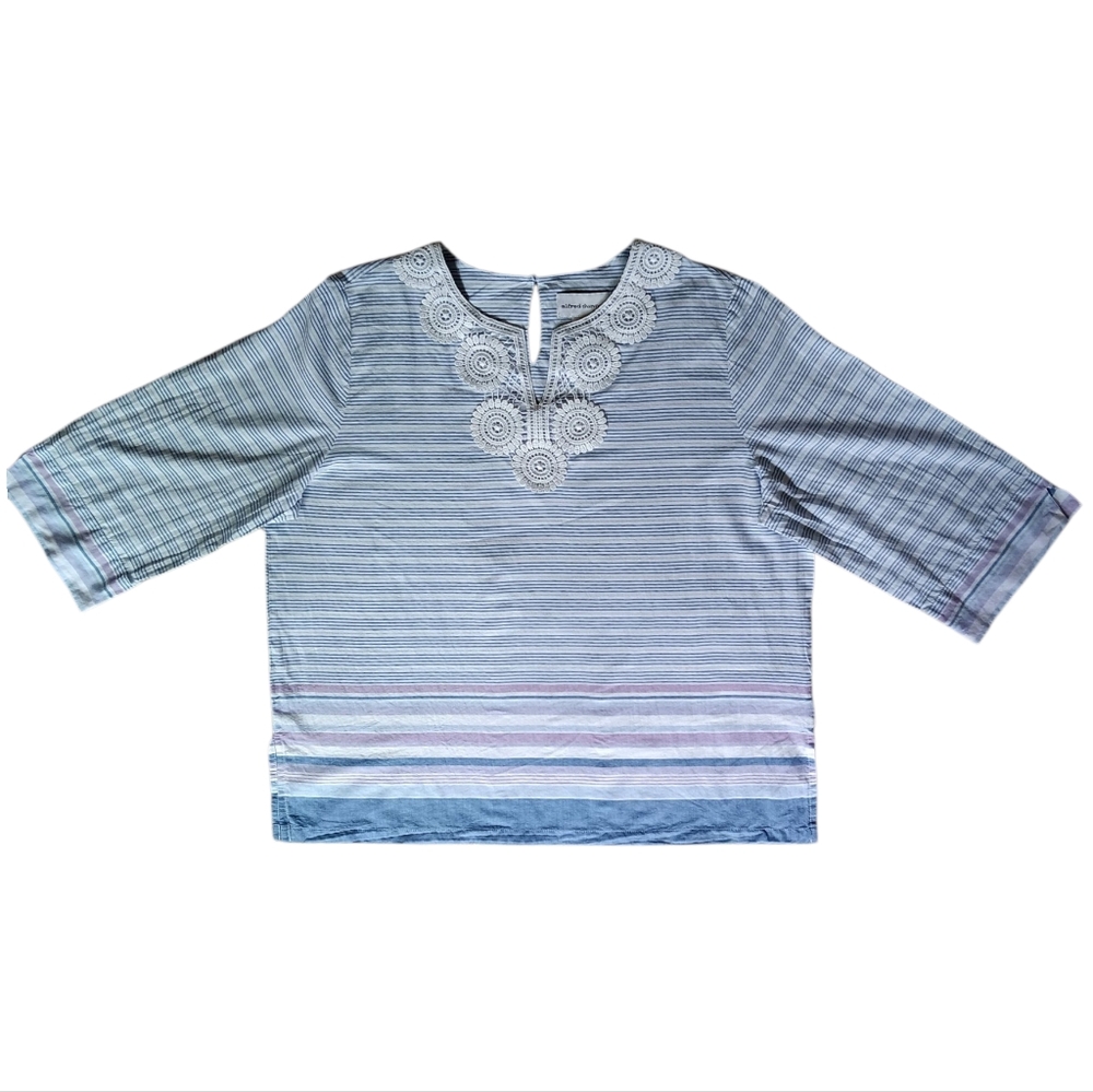 Alfred Dunner Blue and White Striped Top with Lace Detail